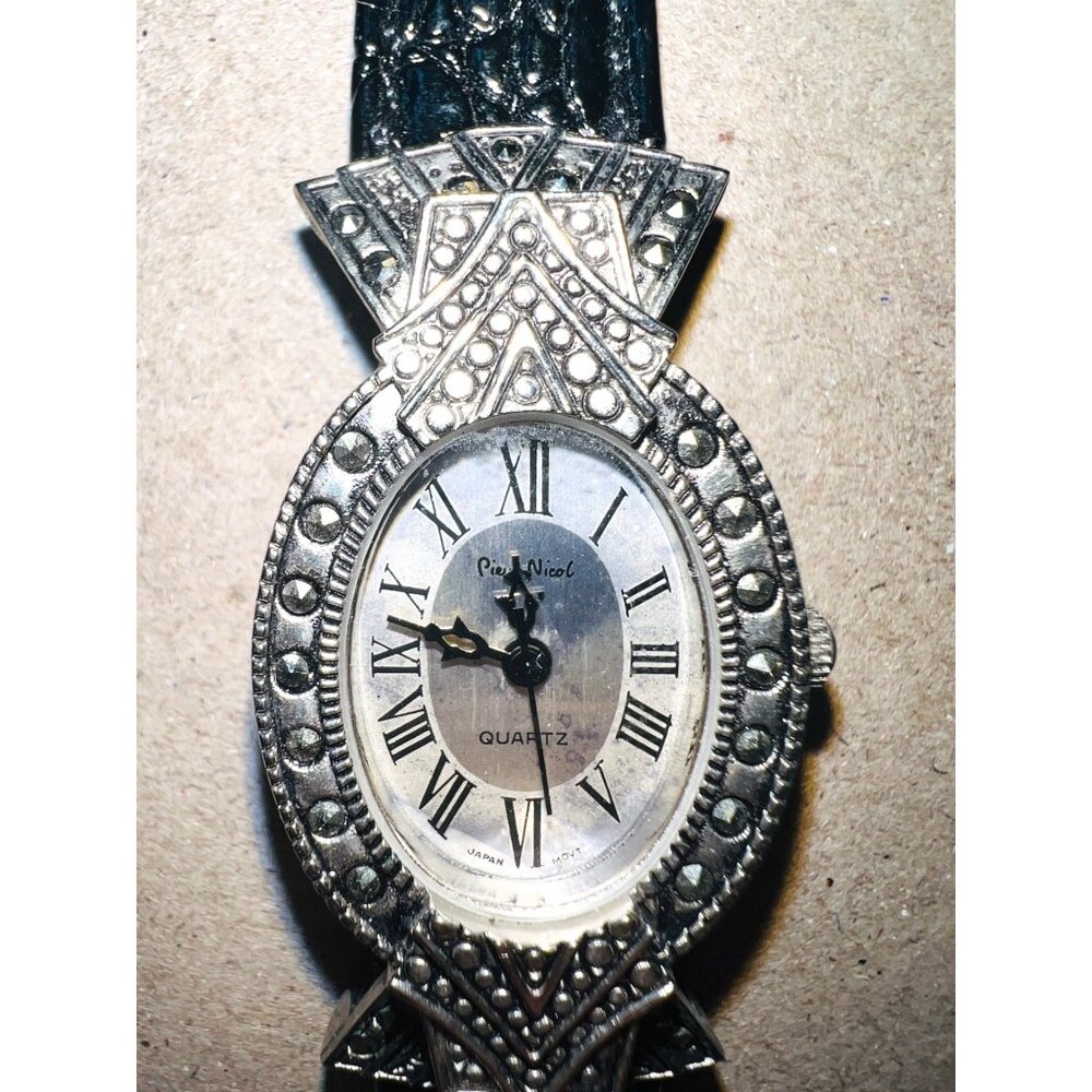 Vintage Pierre Nicol Black Leather Quartz Watch Ornate Silver-Tone Face Roman Nu